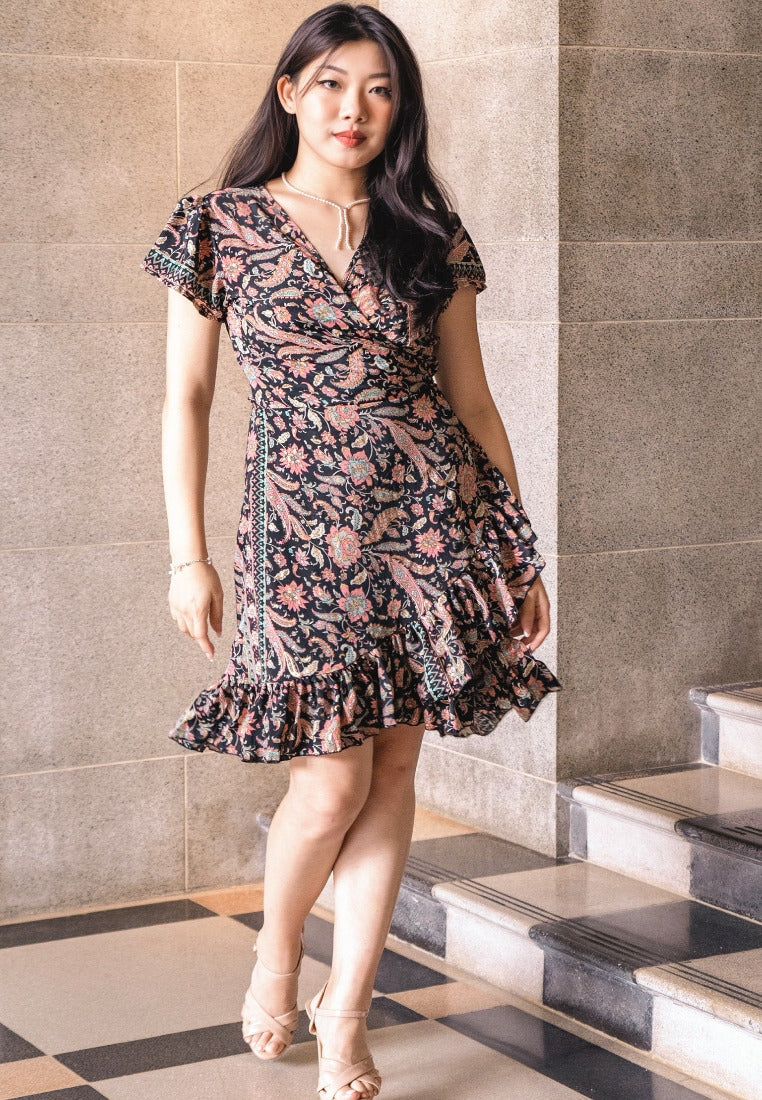 midi dress singapore Pink Floral Silk Wrap Midi Dress One Size
