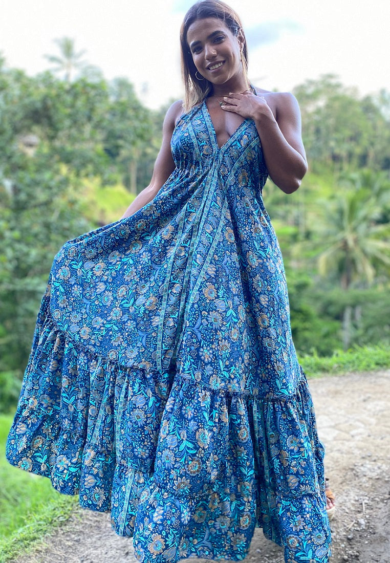 Island Escape Silk Maxi Dress | Blue Floral Halter Dress | Beachwear S Island Escape Silk Maxi Dress | Blue Floral Halter Dress | Beachwear S