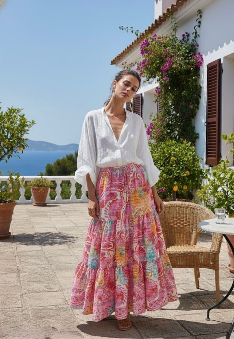 Sofia Shirred Silk Maxi Skirt | Bohemian Silk Skirt