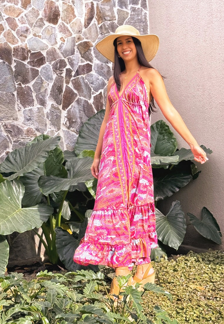 Secret Garden Silk Maxi Dress | Halter Sundress | Beachwear Singapore