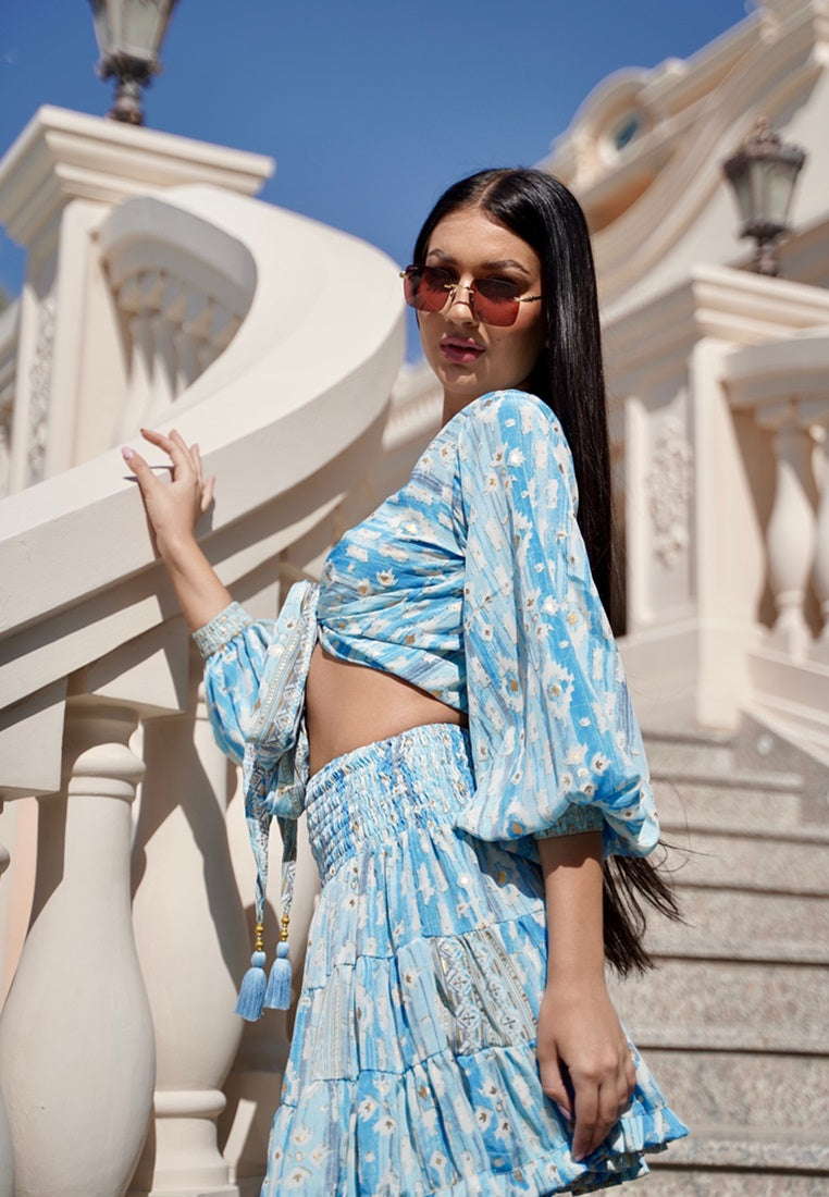 Sky Blue Bohemian Mini Skirt Top and Skirt Set Beachwear