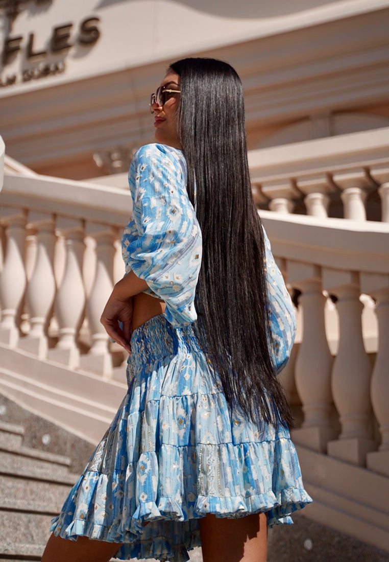 Sky Blue Silk Bohemian Mini Skirt | Tassel Co-ord | Coral Secret