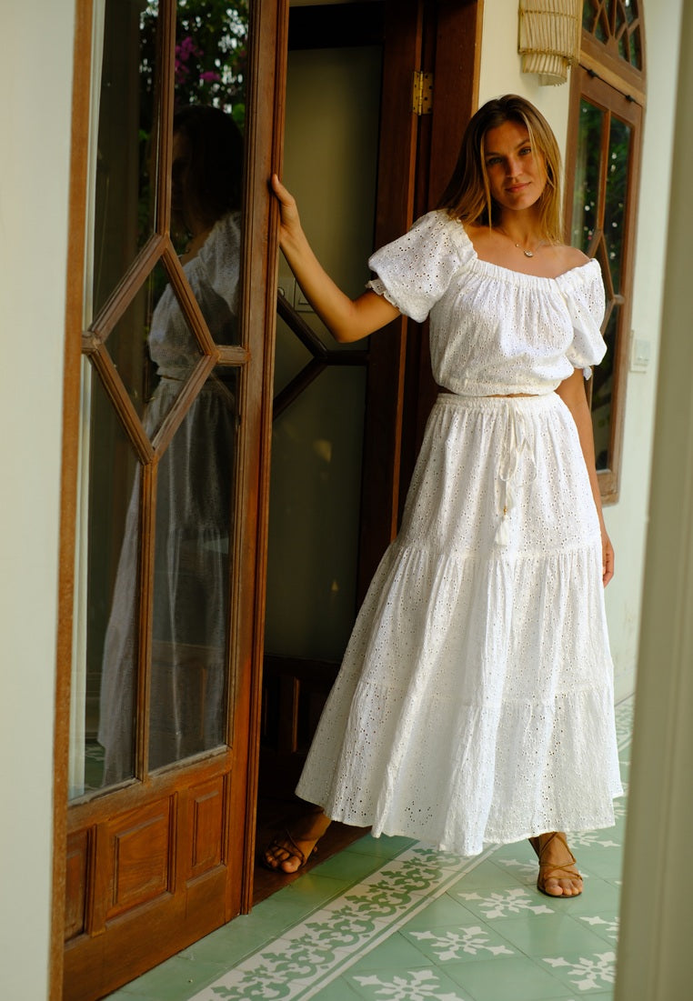 Eyelet Cotton Maxi Skirt | Crop Top and Skirt Set I Resort wear