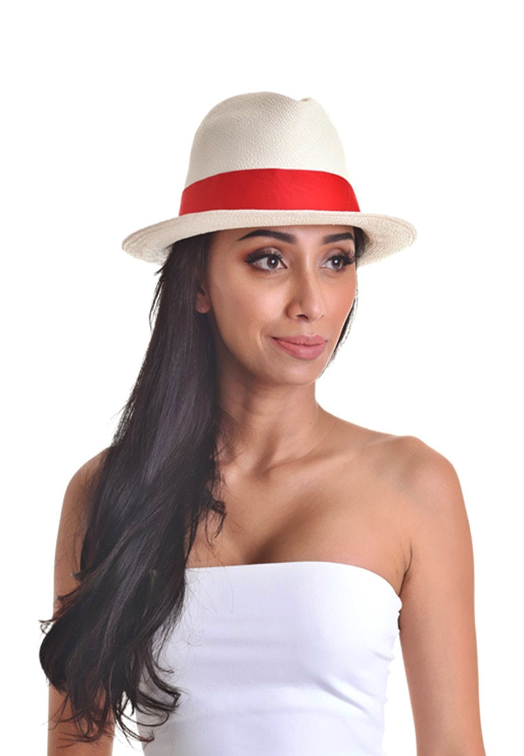 White Panama Hat White with Red Ribbon Handwoven Toquilla Palm Hat