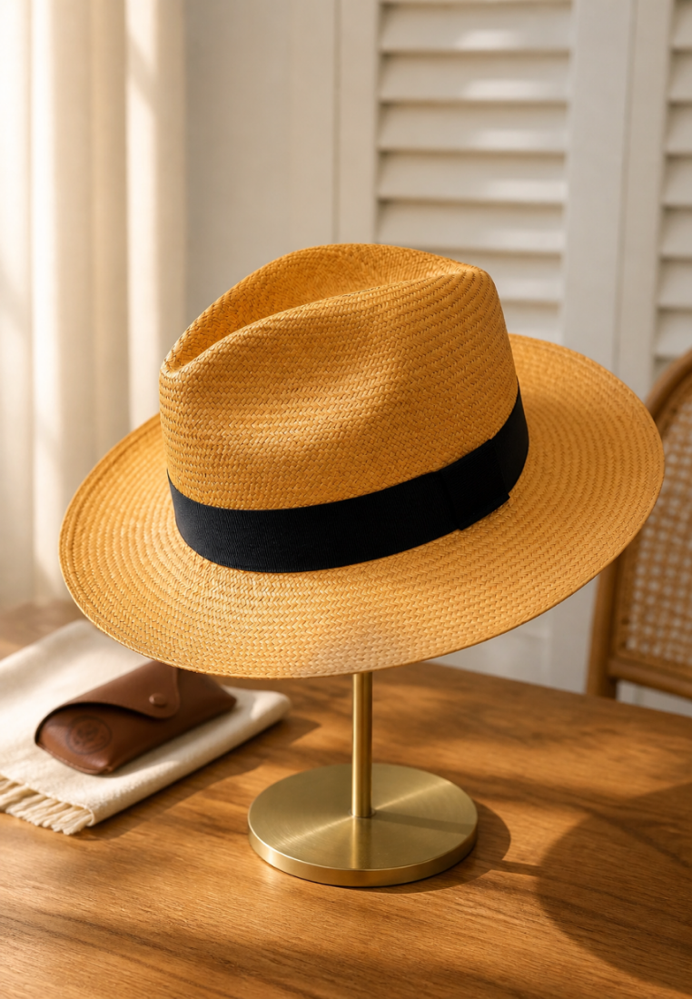 Yellow straw hat with a black band on a gold stand against a neutral background