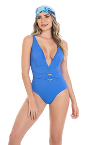 Blue Halter Tummy Control Swimsuit
