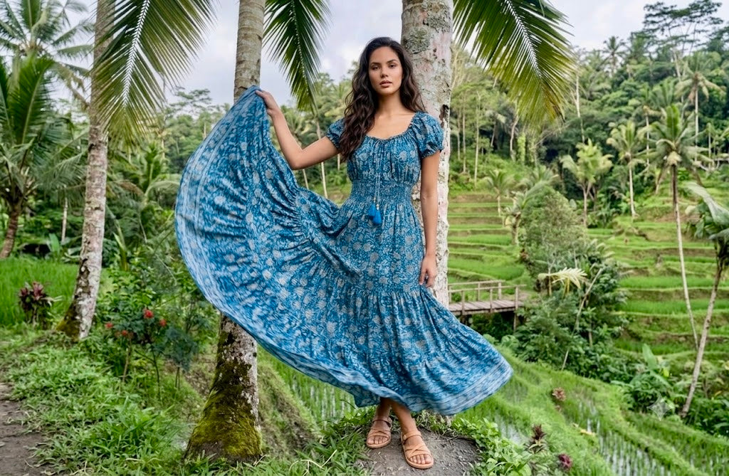 Maldives off-shoulder silk sundress, an example of handcrafted sustainable resortwear.