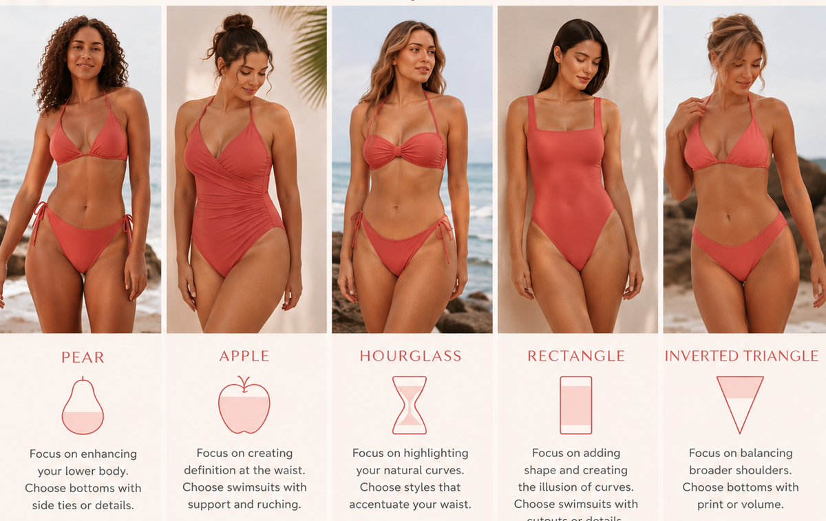 Guide to choosing swimwear styles suited to different body types.