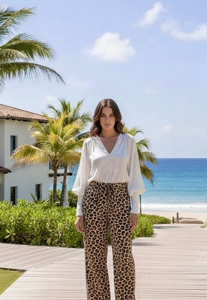 Animal Print Silk Pants I Elegant High-Waist Wide Leg Trousers with Tassels