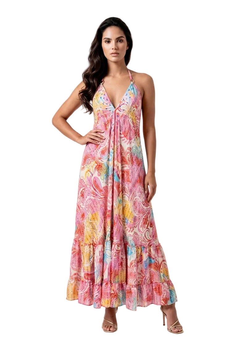 Woman wearing Bali Silk Halter Maxi Dress from coral secret 