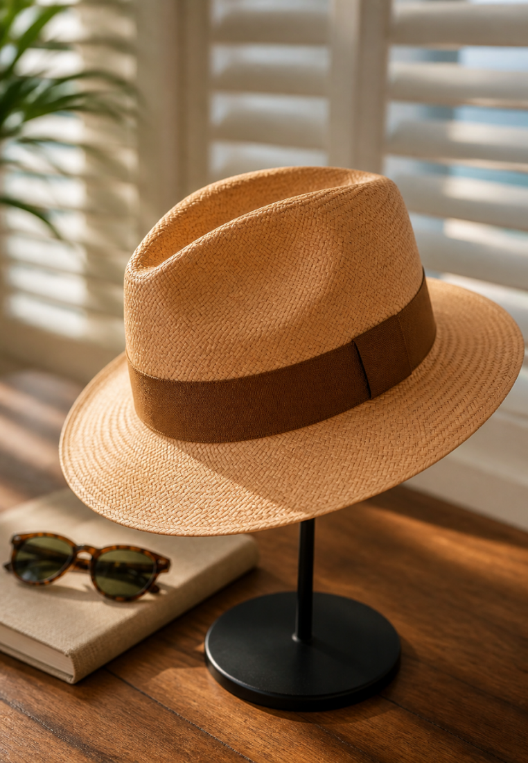 Brown straw hat on a stand with sunglasses and a book on a wooden surface.