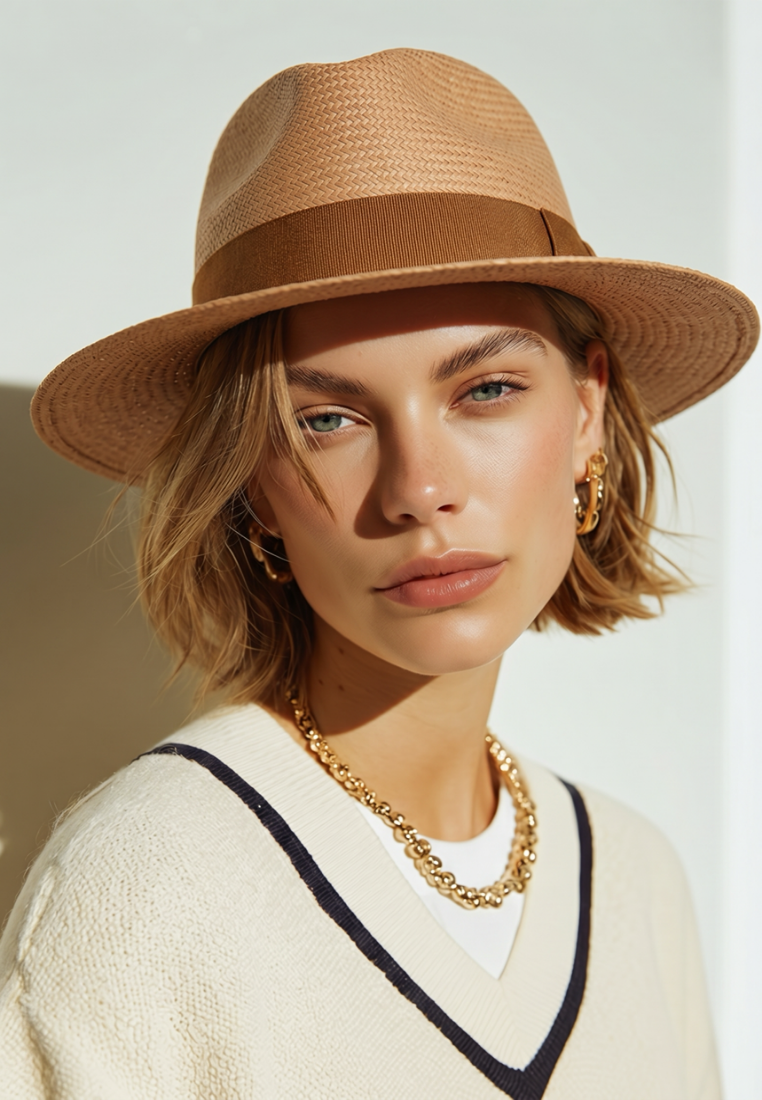 Woman wearing a brown straw hat and gold jewelry against a neutral background
