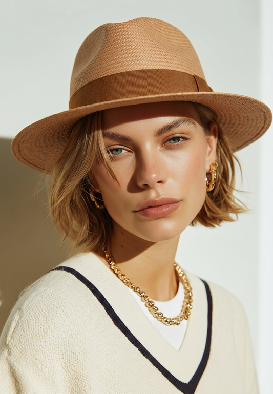 Woman wearing a brown straw hat and gold jewelry against a neutral background