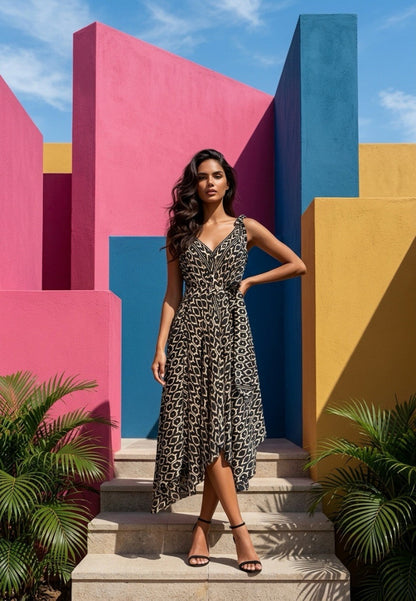 A woman stands on outdoor stone steps in front of bold, colorful geometric buildings under a blue sky. She is wearing a sleeveless, V-neck, mid-length dress with an abstract black and beige pattern from coral secret brand