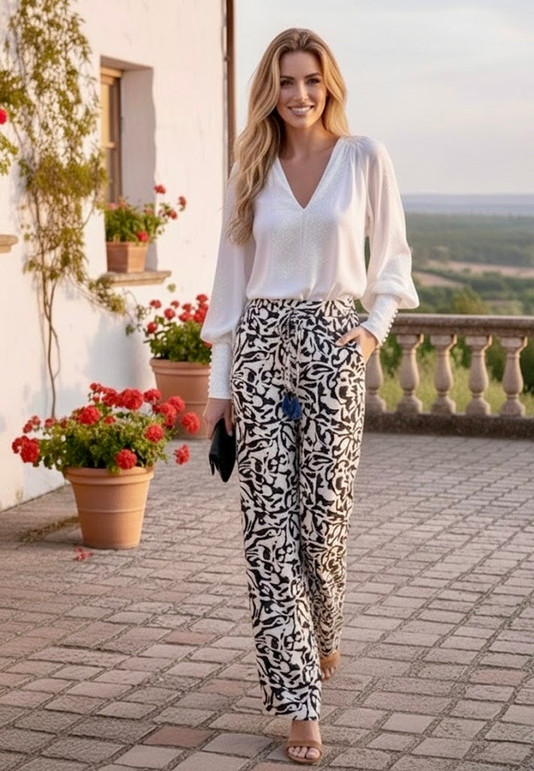 Black and White Silk Pants I Elegant High-Waist Wide Leg Trousers with Tassels