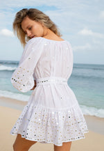 Load image into Gallery viewer, Blissful Reflections Bohemian Dress | White Off Shoulder Boho Mini Dress | Beachwear Singapore
