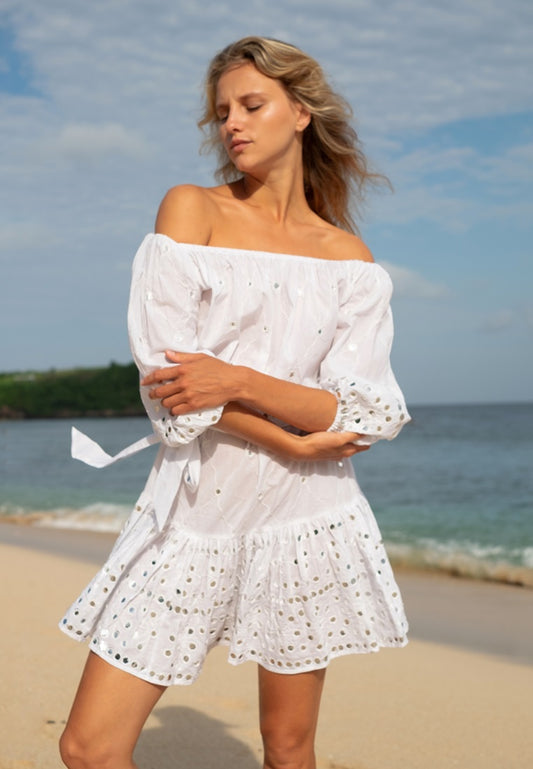 Blissful Reflections Bohemian Dress | White Off Shoulder Boho Mini Dress | Beachwear Singapore