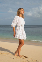 Load image into Gallery viewer, Blissful Reflections Bohemian Dress | White Off Shoulder Boho Mini Dress | Beachwear Singapore
