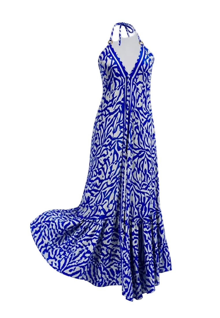Blue and white patterned silk halter maxi dress from coral secret 