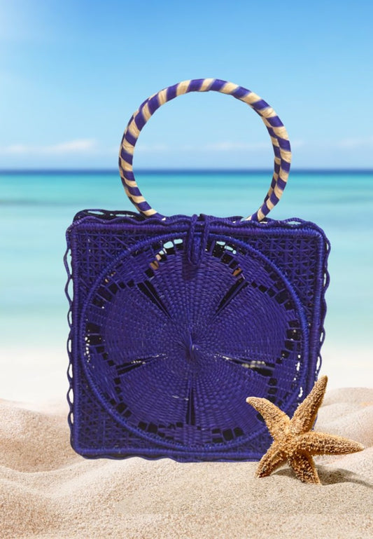 Iraca Palm Tote Handwoven Bag - Blue Square Handcrafted Bag