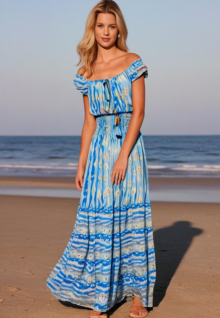 Wanderlust Bohemian Maxi Dress | Off Shoulder Silk Maxi Dress| Summer Dress Singapore