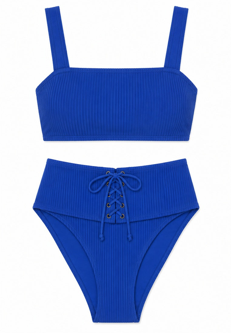 Blue ribbed bikini set with a top and high-waisted bottom, coral secret bikini