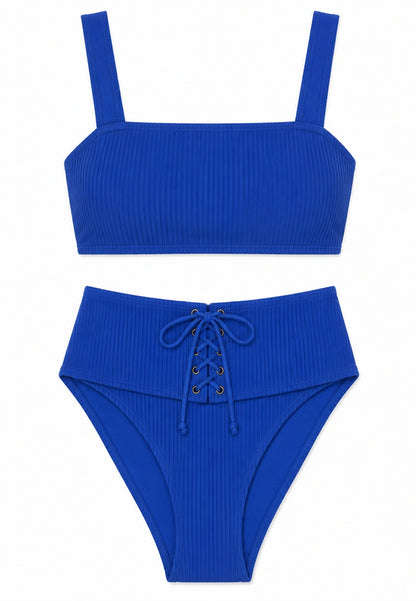 Blue ribbed bikini set with a top and high-waisted bottom, coral secret bikini