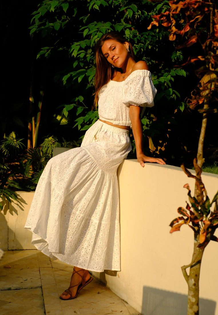 Eyelet Cotton Maxi Skirt | Crop Top and Skirt Set I Resort wear