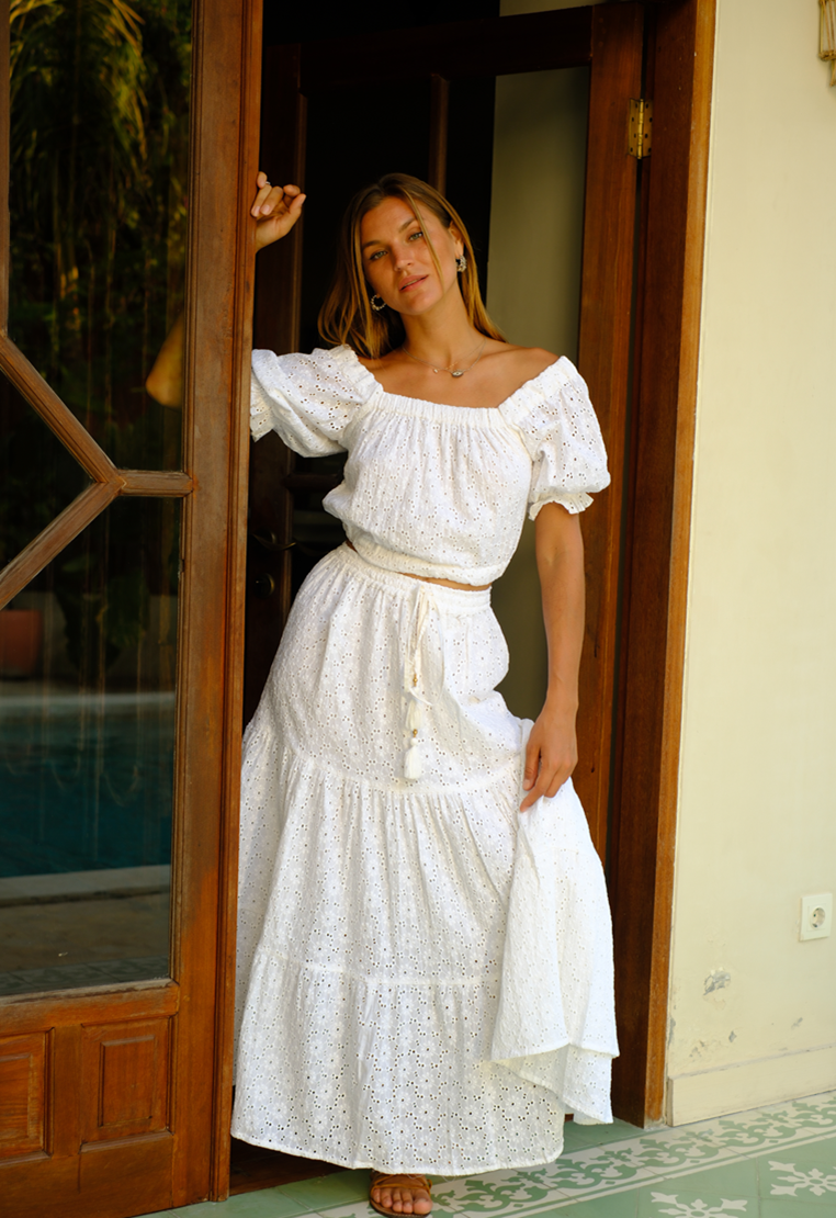 Eyelet Cotton Maxi Skirt | Crop Top and Skirt Set I Resort wear