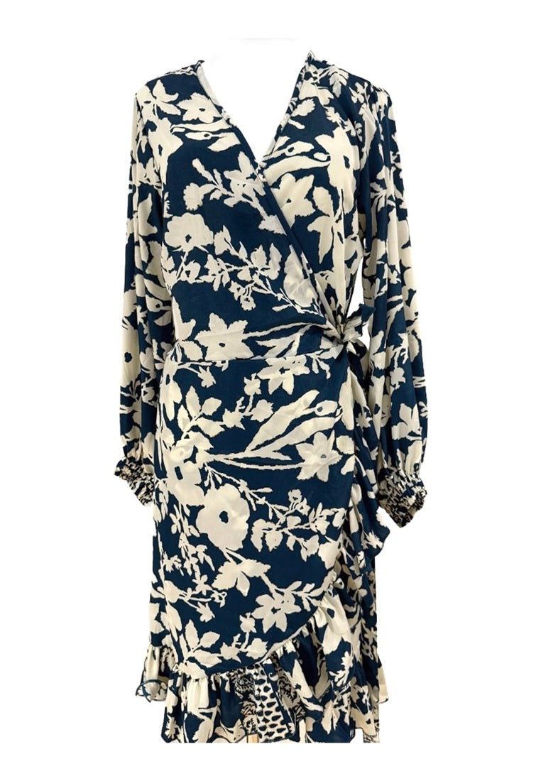 Blue Floral Wrap Dress With Long Sleeves | Summer Dress Singapore
