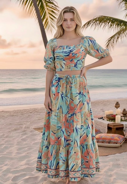Pink Coral Silk Tiered Maxi Skirt | Palm Print Co-ord | Coral Secret