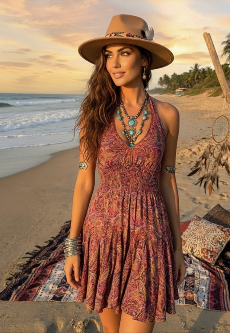 Woman in a patterned silk halter mini dress from coral secret on a beach with sunset in the background