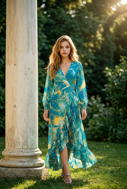 Silk Wrap Midi Dress – Green and Gold, One Size | Coral Secret