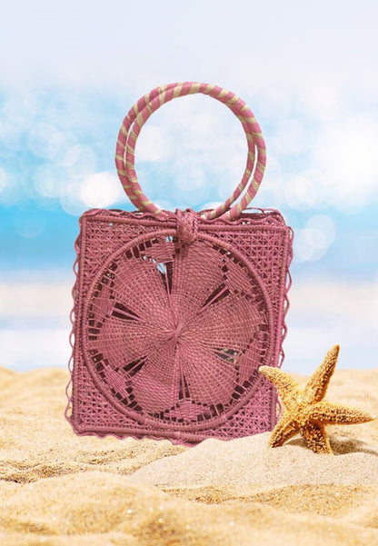 Iraca Palm Tote Handwoven Bag - Pink Square Handcrafted Bag