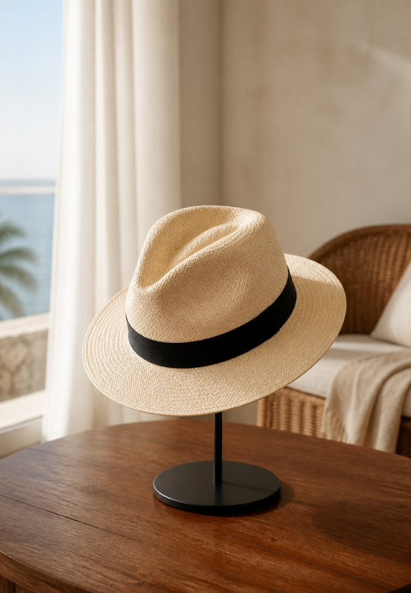 Beige straw hat with a black band on a stand in a room with a window and sofa.