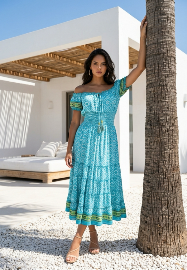 Woman in a blue dress standing next to a palm tree in a sunlit outdoor setting.