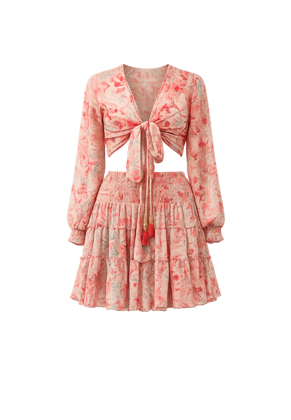 Pink Sunset Silk Shirred Mini Skirt | Tassel Co-ord | Coral Secret
