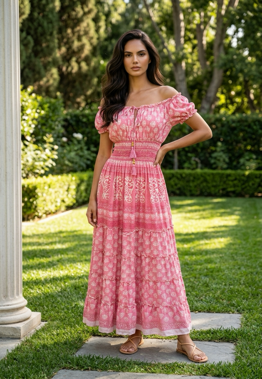 A woman stands outdoors on a stone path in a lush green garden, wearing a pink off-the-shoulder maxi dress from coral secret