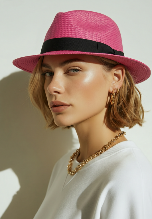Woman wearing a pink hat with a black band against a neutral background