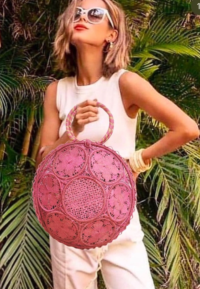 Pink Big Iraca Palm Tote Bag - Handwoven Pink Round Bag