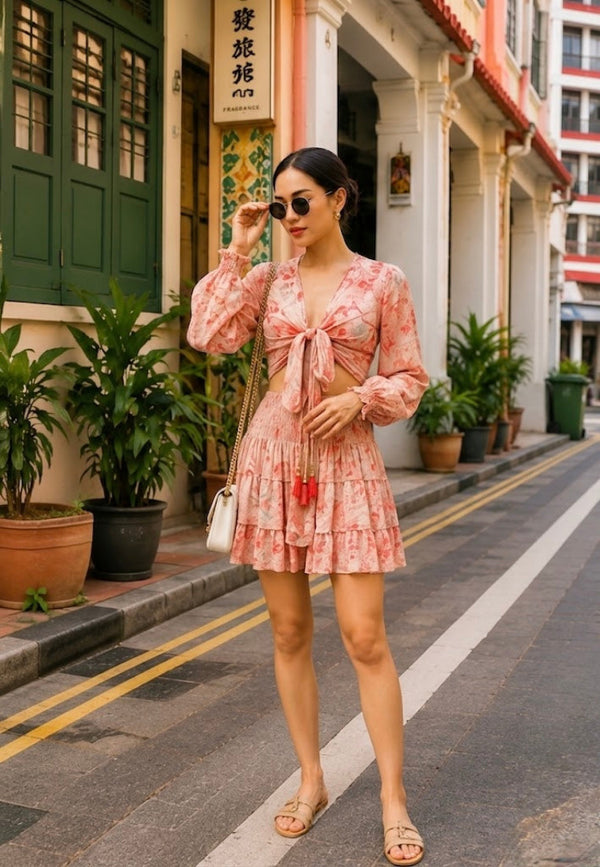 Woman in a pink floral dress standing on a street with plants and buildings in the background
