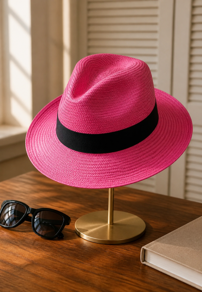 Pink straw hat with a black band on a stand, sunglasses, and book on a wooden surface.