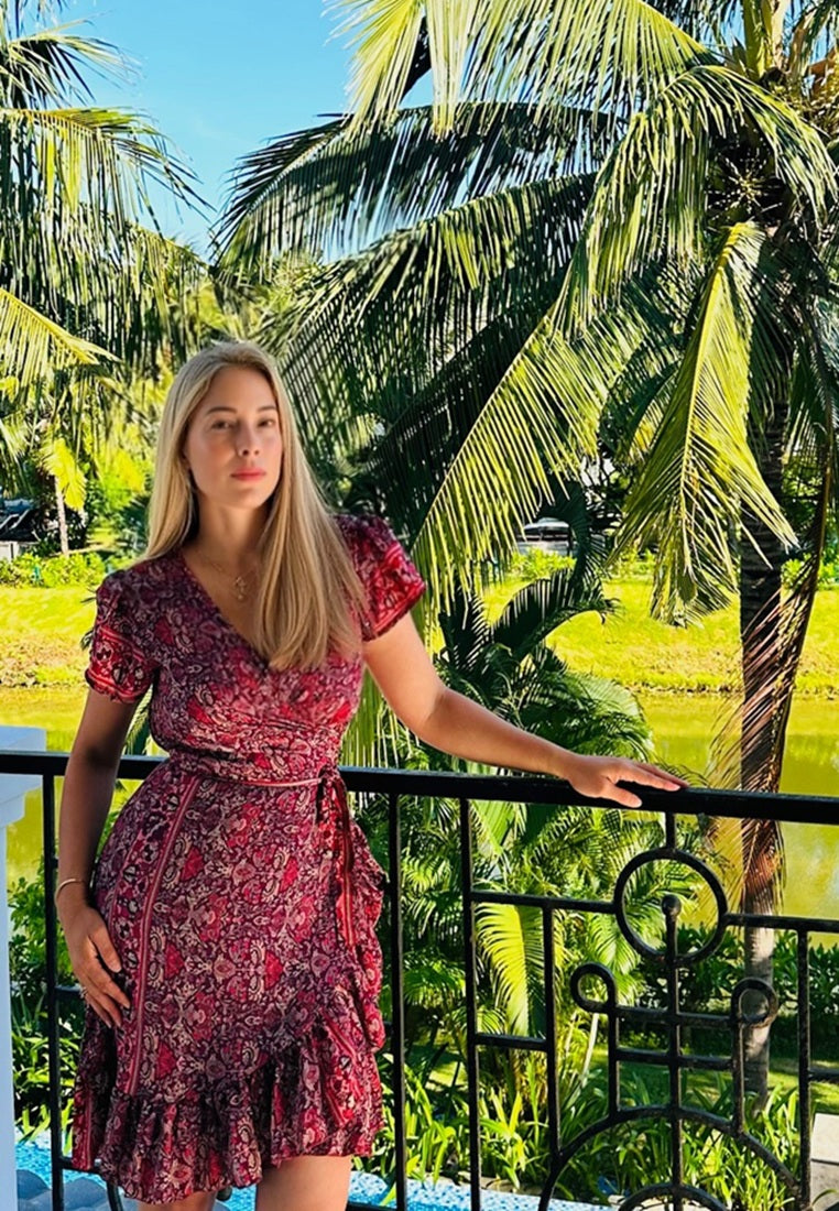 Red Flowers Silk Wrap Dress | Summer Dress Singapore