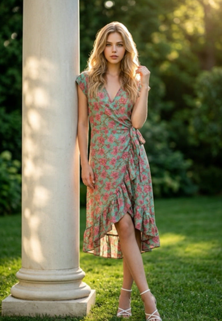 Woman in a floral dress standing next to a column in a garden