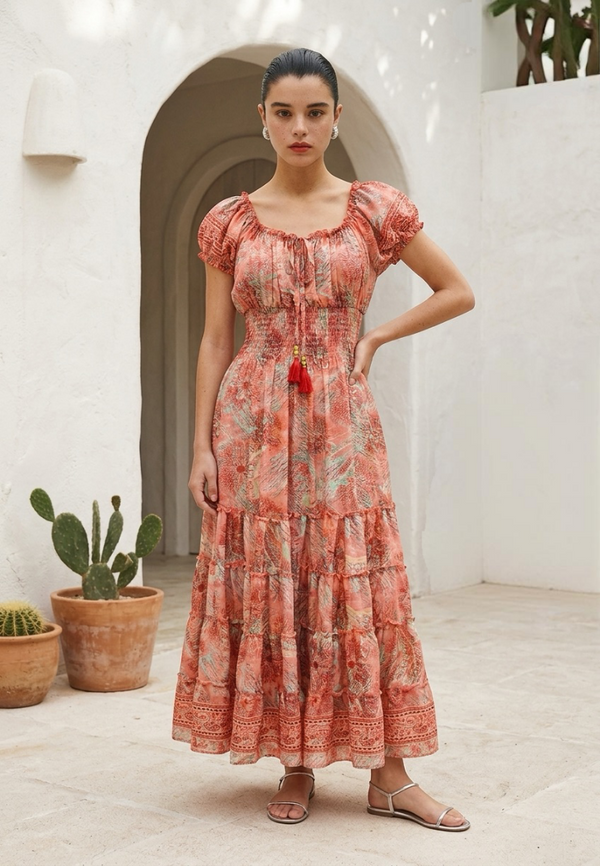 Woman wearing a red patterned dress standing in a sunlit outdoor setting with plants.