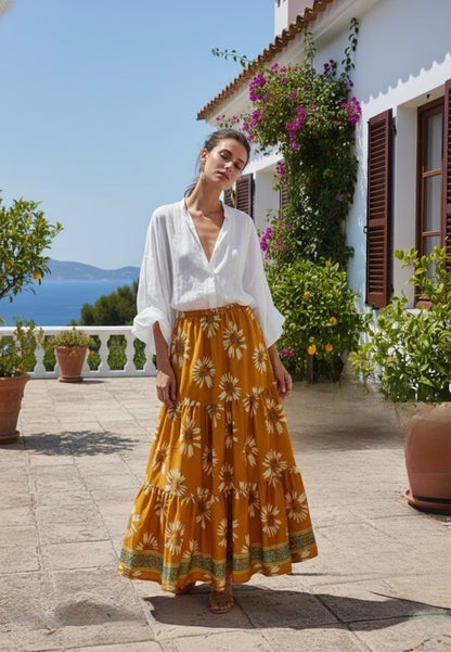 Bohemian Shirred Silk Maxi Skirt  | Beachwear Singapore