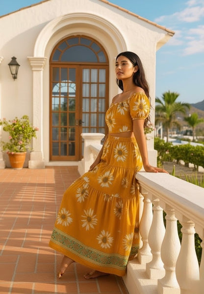 Sunflower Silk Shirred Maxi Skirt | Bohemian Resortwear | Coral Secret