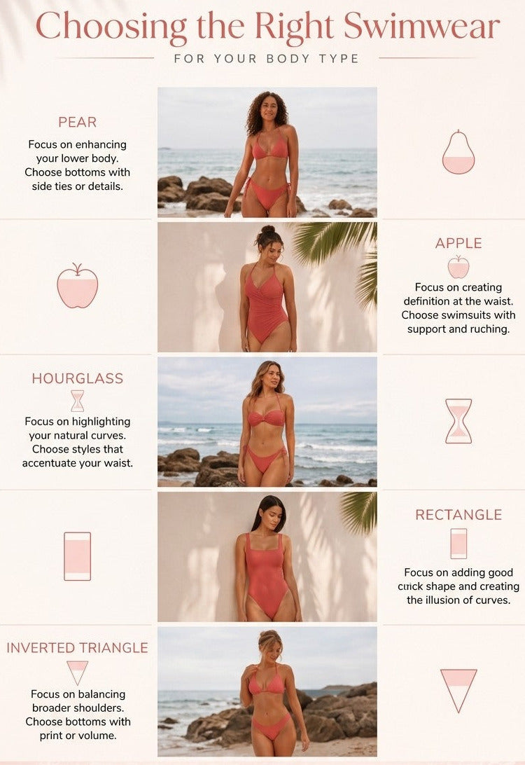 An informational infographic titled 'Choosing the Right Swimwear for Your Body Type' by Coral Secret, featuring six body type categories (Pear, Apple, Hourglass, Rectangle, Inverted Triangle) with corresponding swimwear focus tips and photos of a woman in a pink bikini on a beach.