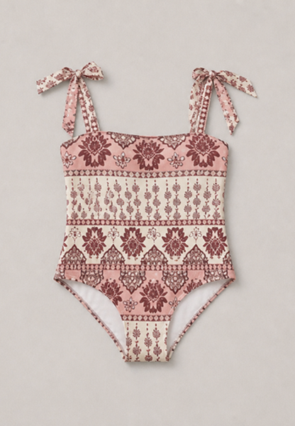 Coral Secret one-piece swimsuit with tie shoulder straps, featuring a bohemian-style geometric and floral pattern in dusty pink, burgundy, and cream, laid flat on a light gray background.