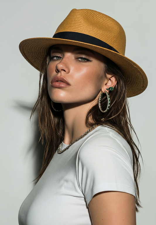 Woman wearing a straw hat with a black band against a plain background